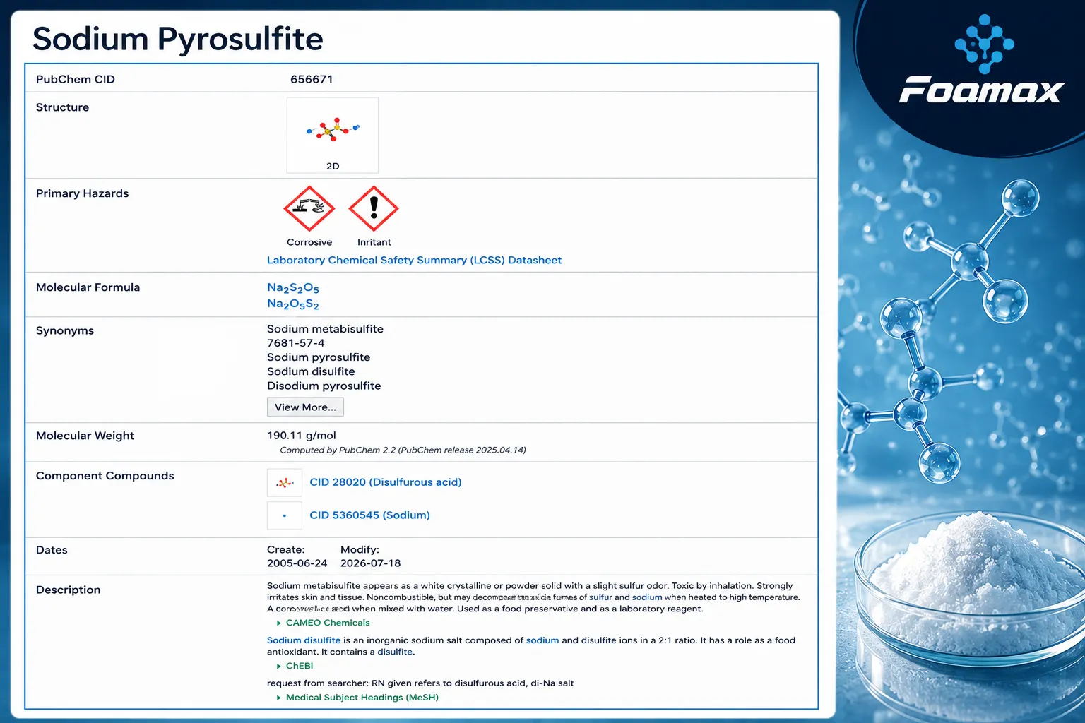 تصویر مشخصات شیمیایی متابی‌سولفیت سدیم (Sodium Metabisulfite) شامل فرمول Na₂S₂O₅، ساختار مولکولی، جرم مولکولی، طبقه‌بندی خطرات و اطلاعات مرجع PubChem