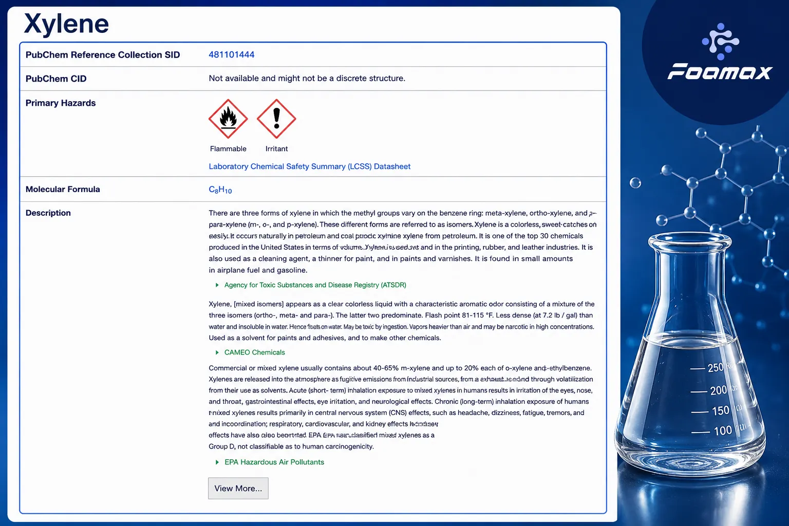 تصویر مشخصات شیمیایی زایلن (Xylene) شامل فرمول C₈H₁₀، خواص شیمیایی، طبقه‌بندی خطرات و اطلاعات مرجع PubChem