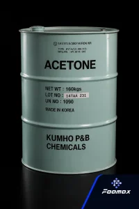 بشکه فلزی استون صنعتی (Acetone) با بسته‌بندی کره‌ای و پس‌زمینه مشکی، مناسب صفحه خرید و استعلام قیمت استون