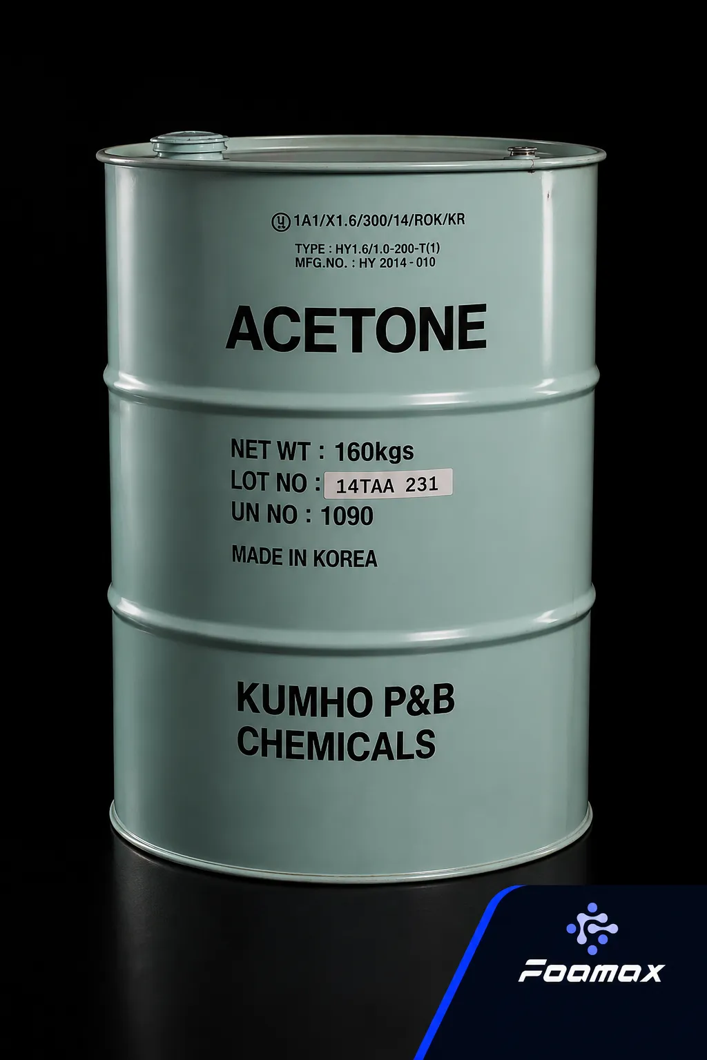 بشکه فلزی استون صنعتی (Acetone) با بسته‌بندی کره‌ای و پس‌زمینه مشکی، مناسب صفحه خرید و استعلام قیمت استون