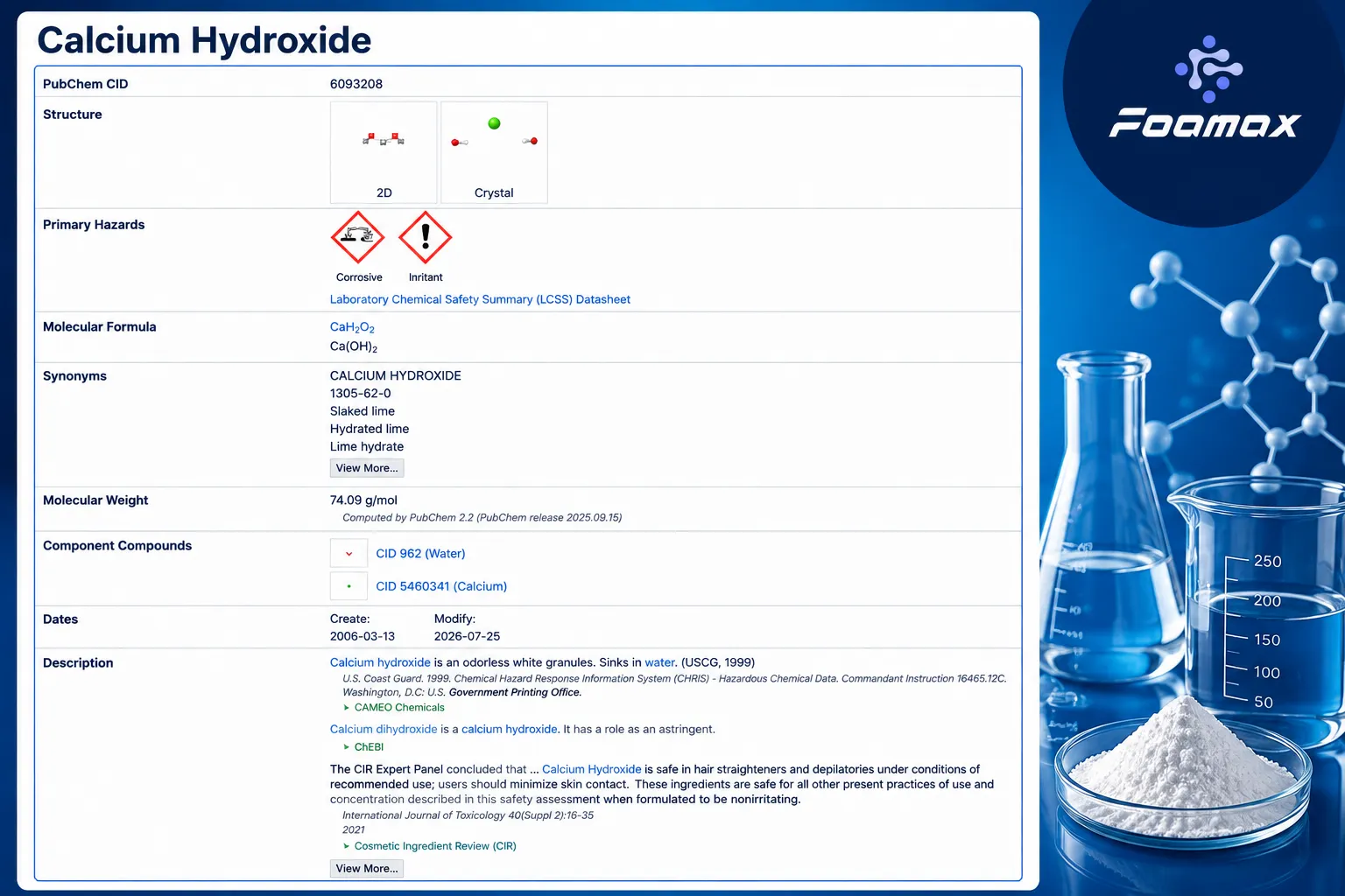تصویر مشخصات شیمیایی هیدروکسید کلسیم (Calcium Hydroxide) شامل فرمول Ca(OH)₂، ساختار مولکولی، جرم مولکولی، طبقه‌بندی خطرات و اطلاعات مرجع PubChem