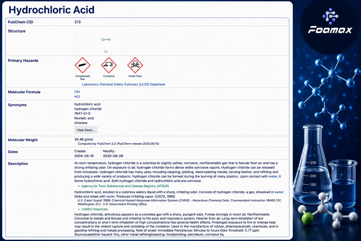 مشخصات شیمیایی اسید کلریدریک (Hydrochloric Acid یا HCl)، فرمول مولکولی، ساختار و اطلاعات ایمنی