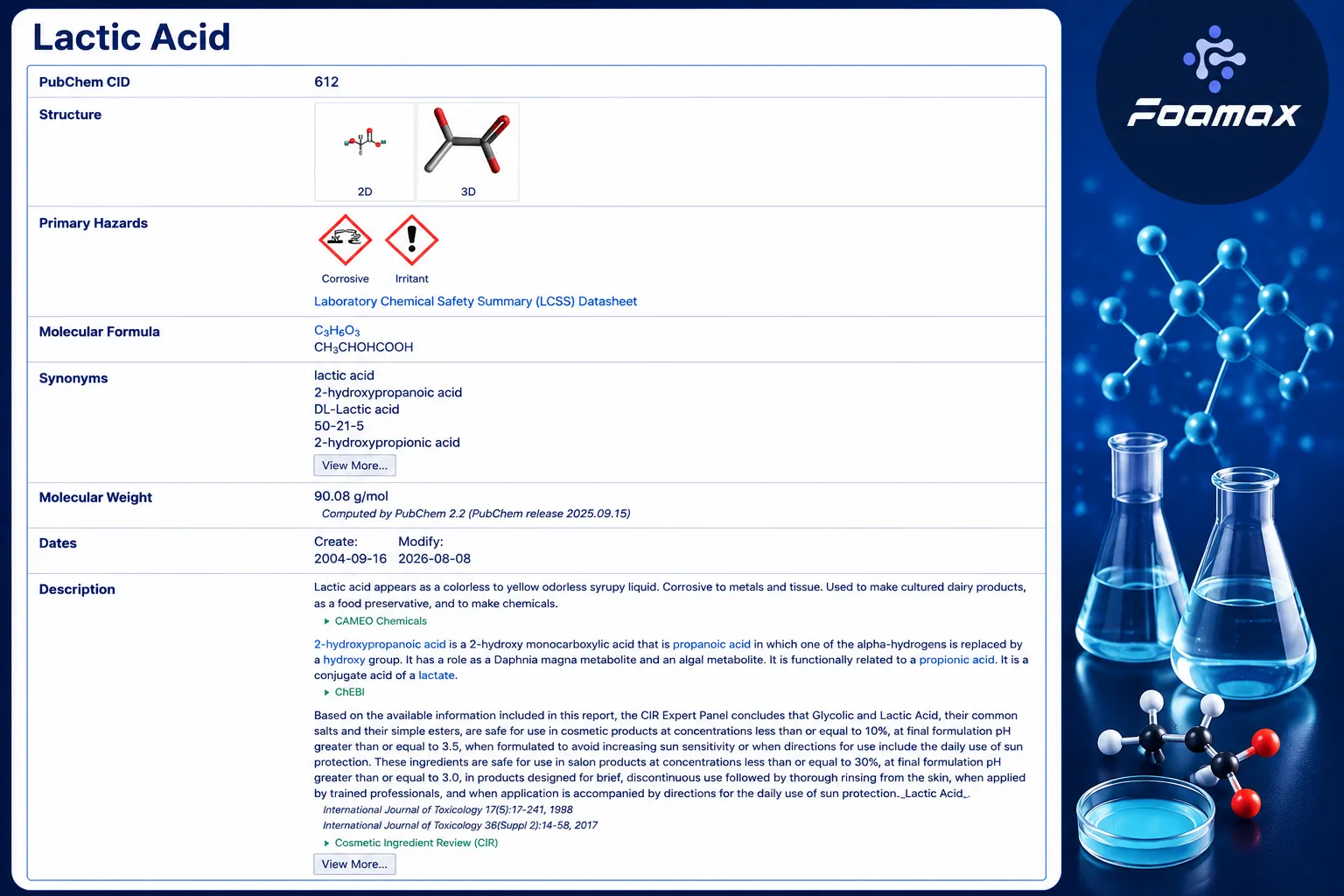 مشخصات شیمیایی اسید لاکتیک (Lactic Acid) شامل فرمول C₃H₆O₃، ساختار مولکولی، جرم مولکولی و اطلاعات ایمنی PubChem