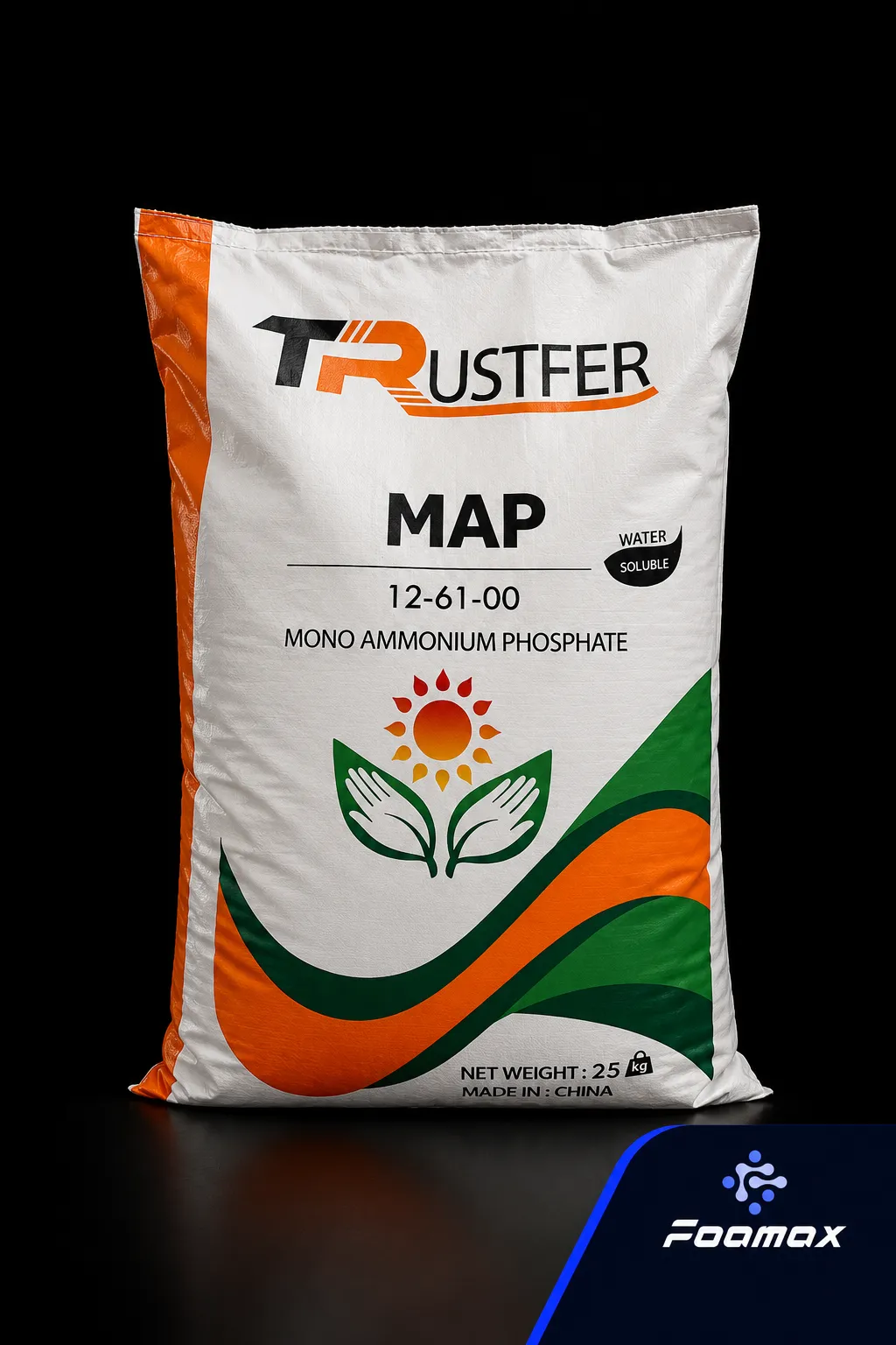 کیسه 25 کیلوگرمی مونو آمونیوم فسفات (MAP 12-61-00) محلول در آب با بسته‌بندی اصلی، مناسب تولید کودهای کشاورزی، سیستم‌های آبیاری و تغذیه گیاه – فومکس