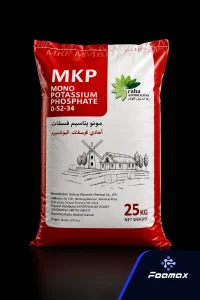 کیسه 25 کیلوگرمی مونو پتاسیم فسفات (MKP 0-52-34) با بسته‌بندی اصلی، مناسب تولید کودهای محلول در آب، کشاورزی و تغذیه گیاه – فومکس