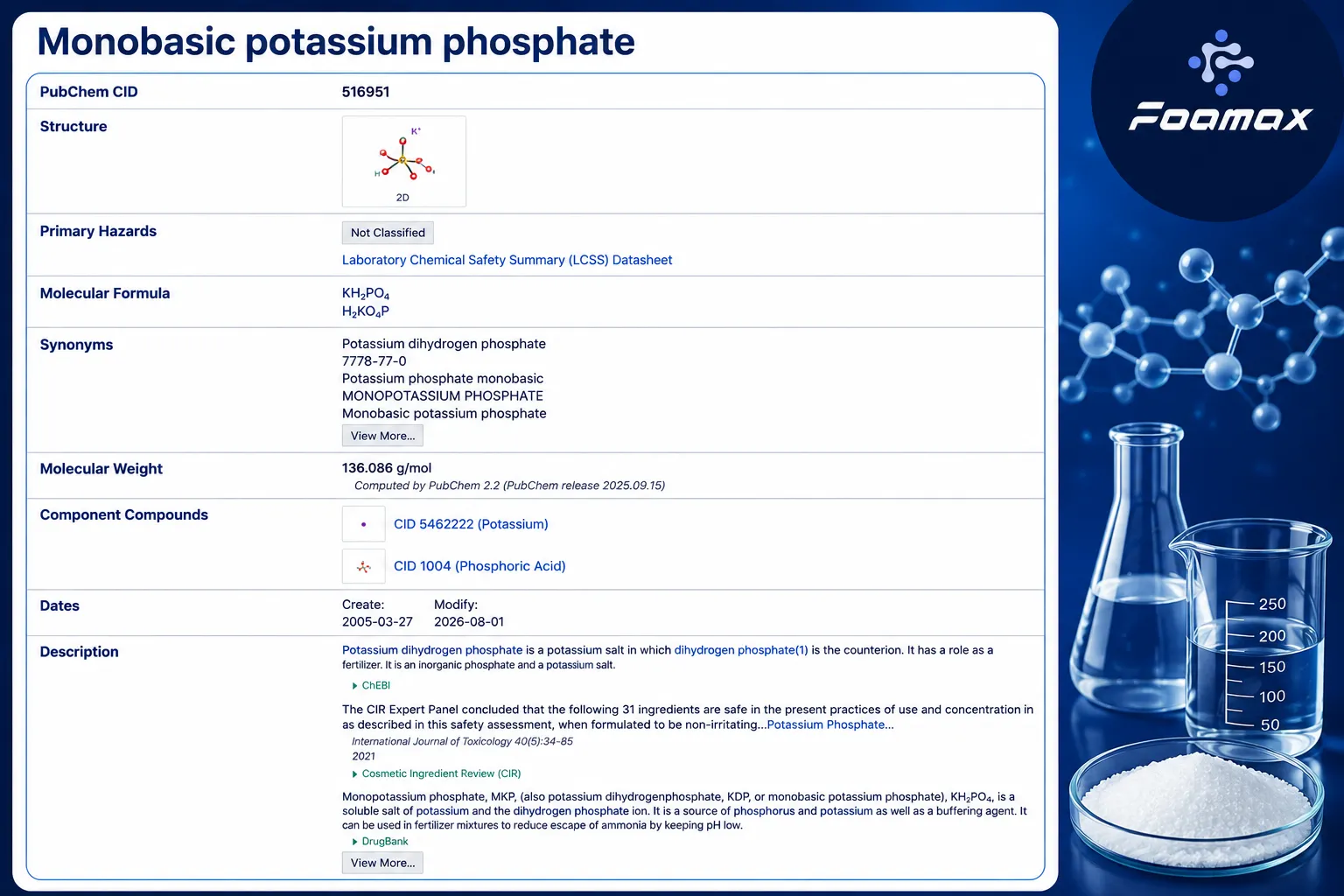 تصویر مشخصات شیمیایی مونو پتاسیم فسفات (Monobasic Potassium Phosphate) شامل فرمول KH₂PO₄، ساختار مولکولی، جرم مولکولی، خواص فیزیکی و اطلاعات مرجع PubChem