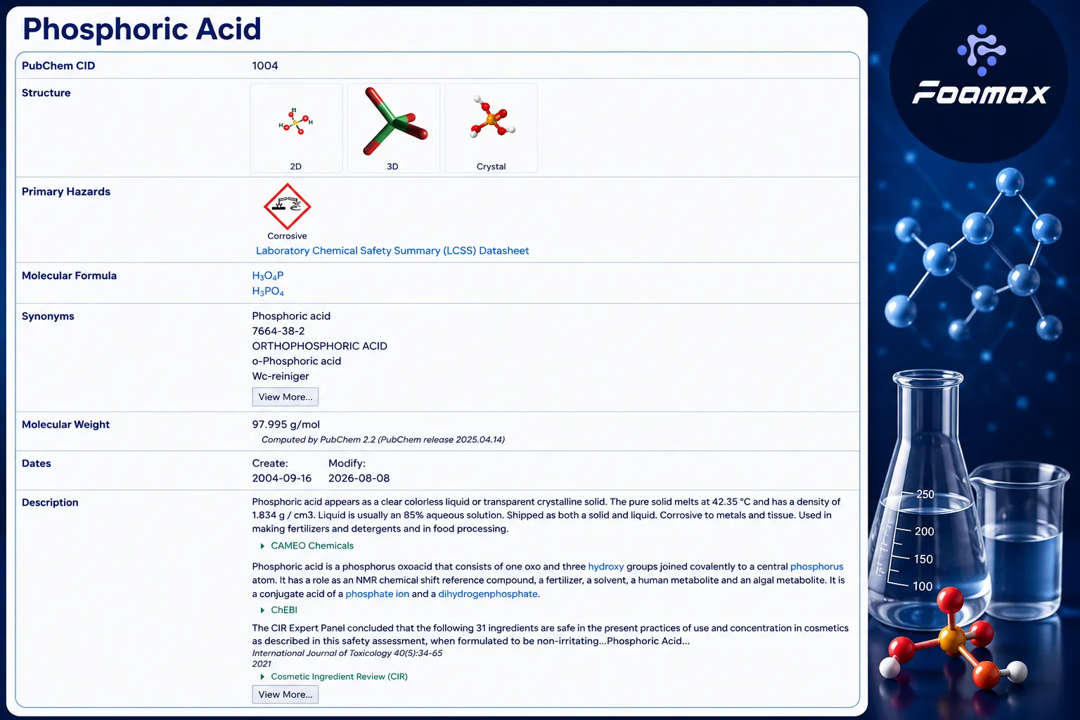 مشخصات شیمیایی اسید فسفریک (Phosphoric Acid) با فرمول H3PO4، ساختار مولکولی و اطلاعات ایمنی