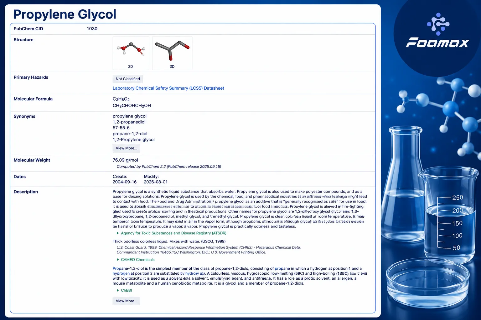تصویر مشخصات شیمیایی پروپیلن گلایکول (Propylene Glycol) شامل فرمول C₃H₈O₂، ساختار مولکولی، جرم مولکولی، خواص فیزیکی و اطلاعات مرجع PubChem
