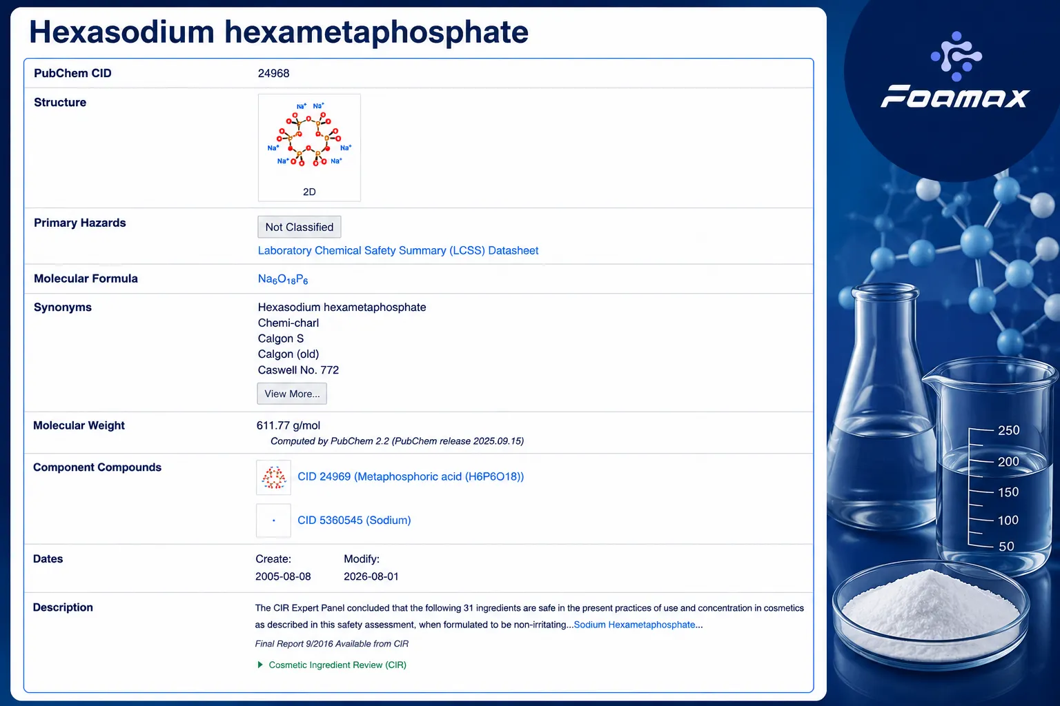 تصویر مشخصات شیمیایی سدیم هگزامتافسفات (Sodium Hexametaphosphate) شامل فرمول Na₆P₆O₁₈، ساختار مولکولی، جرم مولکولی، نام‌های مترادف و اطلاعات مرجع PubChem