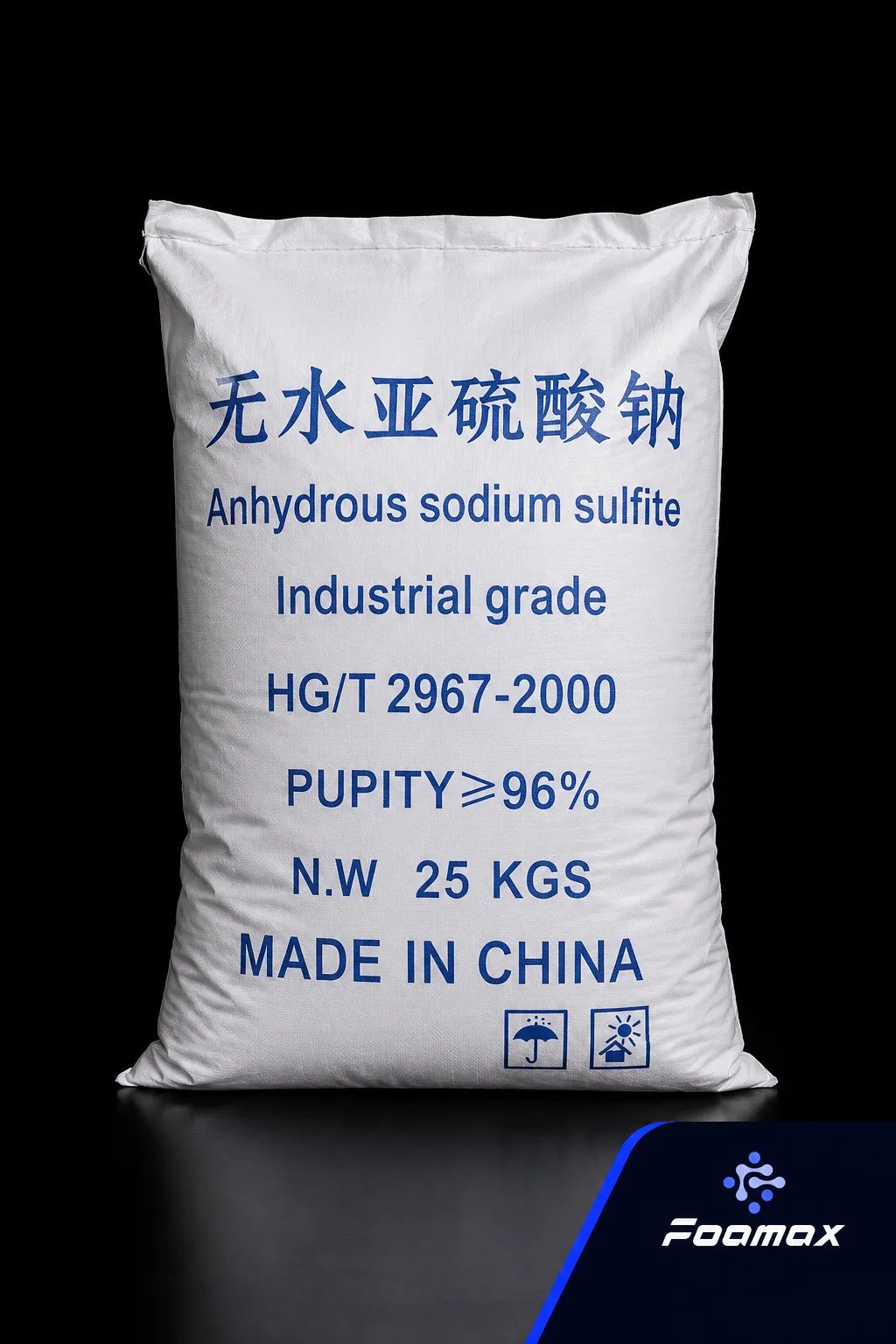تصویر کیسه 25 کیلوگرمی سدیم سولفیت بدون آب (Anhydrous Sodium Sulfite) گرید صنعتی با بسته‌بندی اصلی، مناسب برای صنایع شیمیایی، تصفیه آب و تولید مواد صنعتی – فومکس