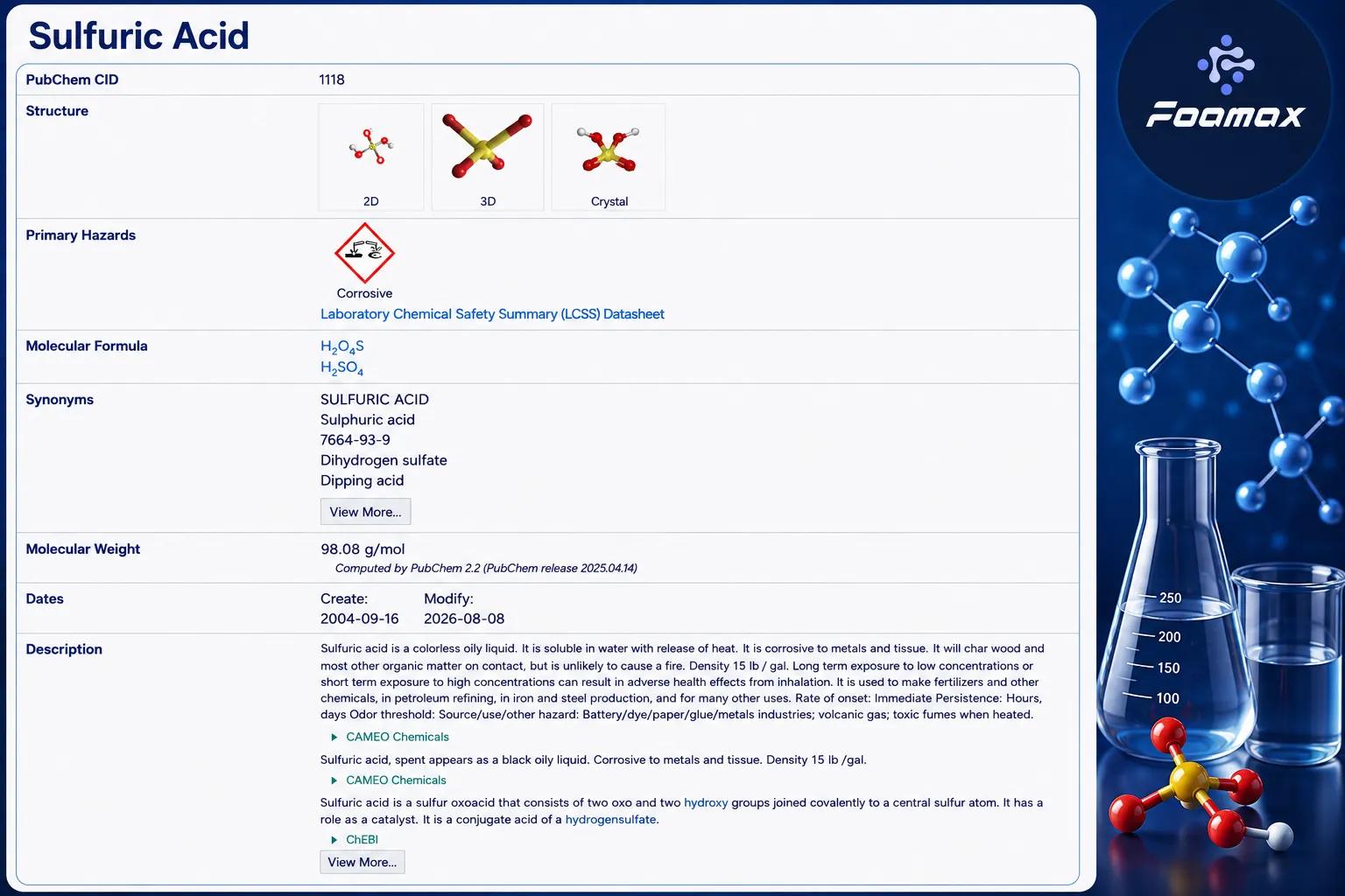 مشخصات شیمیایی اسید سولفوریک (Sulfuric Acid) با فرمول H2SO4، ساختار مولکولی و اطلاعات ایمنی