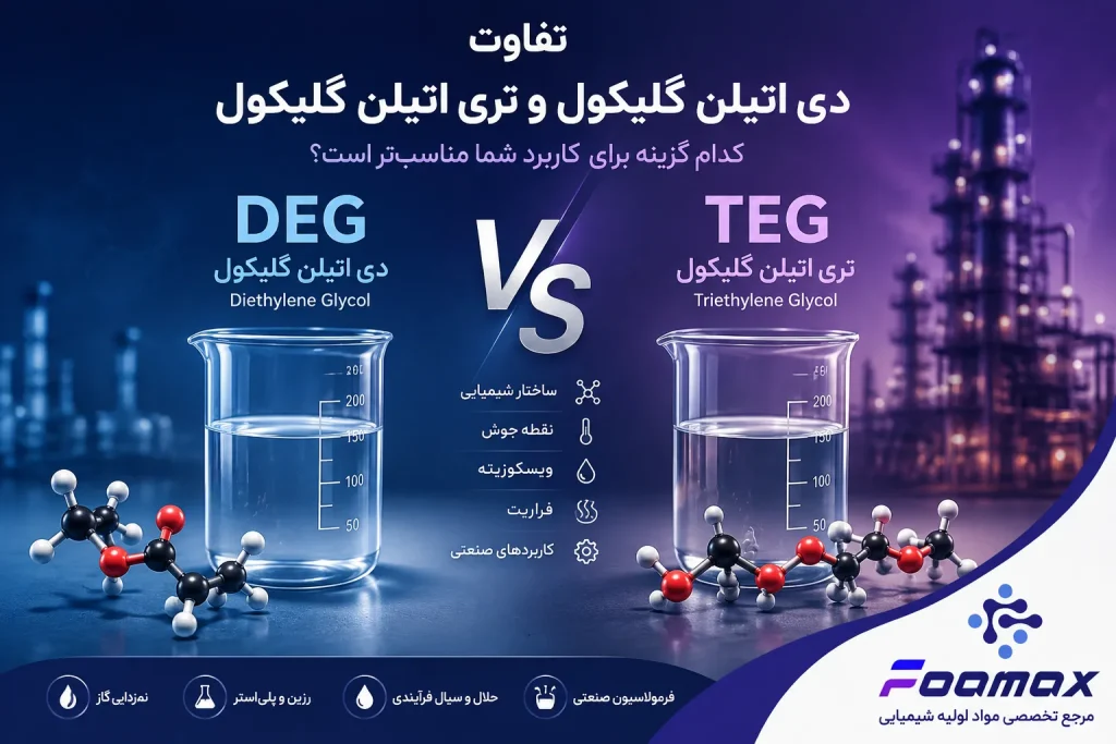 تفاوت دی اتیلن گلیکول و تری اتیلن گلیکول؛ مقایسه DEG و TEG از نظر ساختار، نقطه جوش، ویسکوزیته، فراریت و کاربردهای صنعتی
