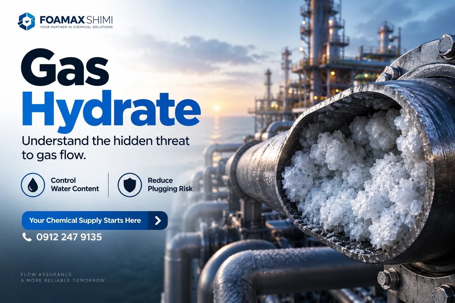 تصویر تبلیغاتی درباره گاز هیدرات (Gas Hydrate) و اهمیت آن در تضمین جریان صنایع نفت و گاز، با نمایش تشکیل کریستال‌های هیدرات درون خط لوله و خطر مسدود شدن مسیر جریان گاز؛ طراحی شده برای معرفی راهکارهای کنترل آب و کاهش ریسک گرفتگی خطوط لوله در صنایع نفت، گاز و پتروشیمی توسط FoaMax shimi.