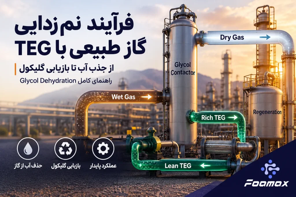 فرآیند نم‌زدایی گاز طبیعی با TEG شامل برج تماس گلیکول، جذب آب از گاز، Rich TEG، Lean TEG و بازیابی گلیکول